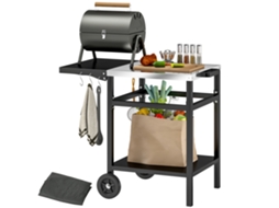 Carrinho Para Churrasco Com Tampo De Aço E Prateleira Dobrável, Rodas E Ganchos, 91x58x76 Cm, Preto