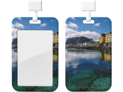 Suporte para cadeira de rodas com estampa de paisagem norueguesa, natureza e água do mar, com cordão e camada protetora de plástico.