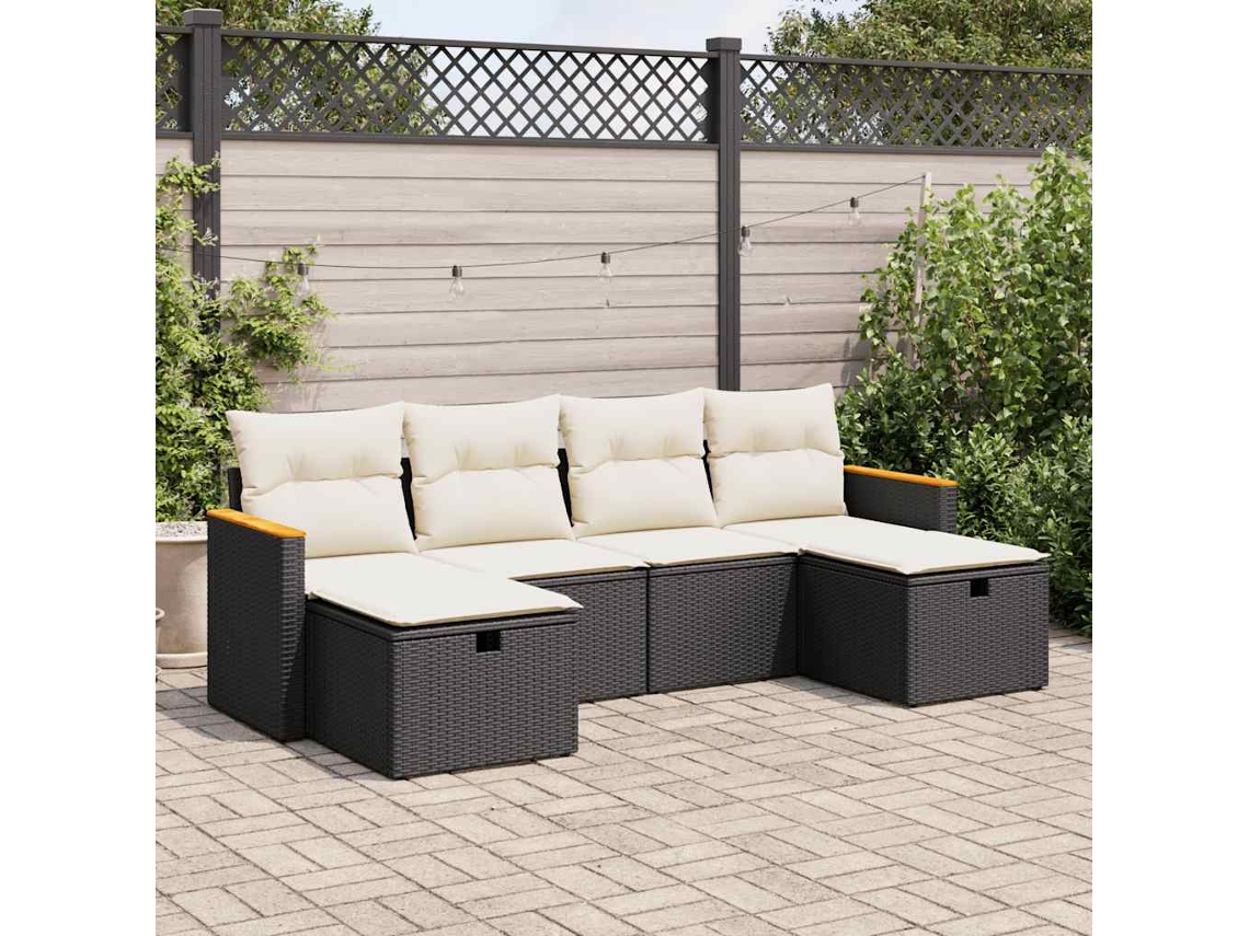 Vidaxl 6 Pcs Conjunto Sofás De Jardim C/ Almofadões Vime Pe Preto