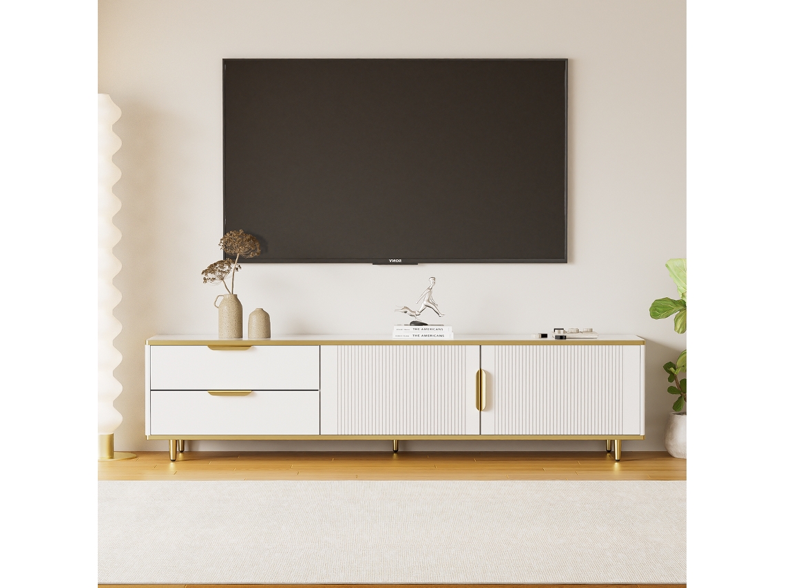Elegante Móvel para Tv, 2 Gavetas, 2 Portas Esculpidas, Puxadores e Pés Dourados, para Tela Grande, Branco e Dourado, 170x37x45 Cm KOMHTOM