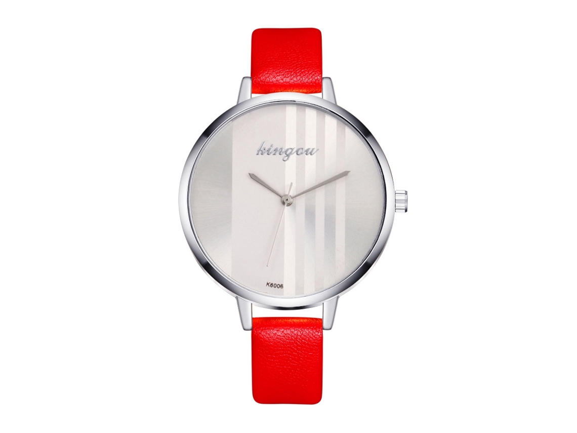 Relógio de Pulso Feminino de Quartzo com Pulseira de Couro Pu Estilo Simples Dial Redondo Vermelho