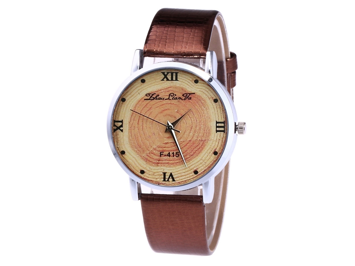 Relógio de quartzo unissex com pulseira de couro PU Zhoulianfa Annual Ring Dial marrom