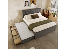 Cama Estofada 140x200cm Com Cama Extra 90x190cm Em Tecido De Linho Com 3 Gavetas E Estrado De Ripas Cinza Mobrio