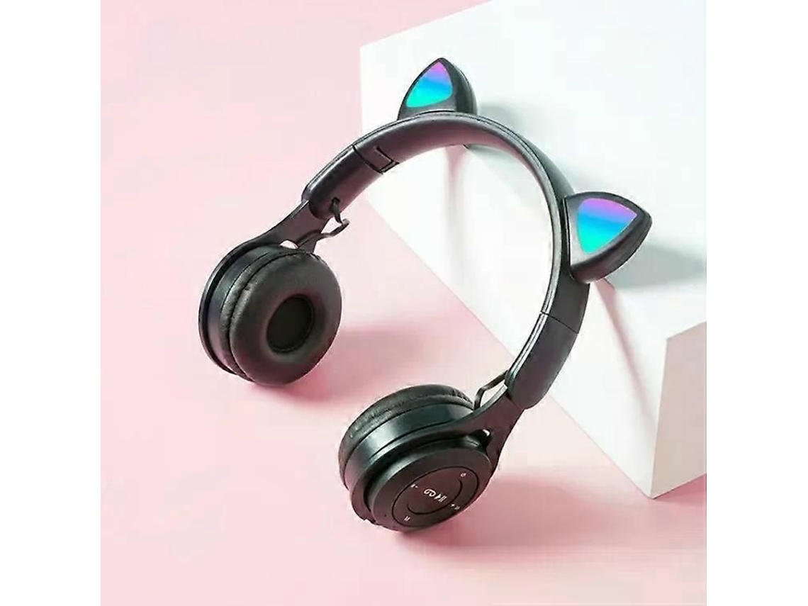 Fone de Ouvido Bluetooth com Orelhas de Gato Luminosas Dobrável, Entrada de 3,5 Mm, Slot para Cartão Tf, Preto. TAISHENGDA