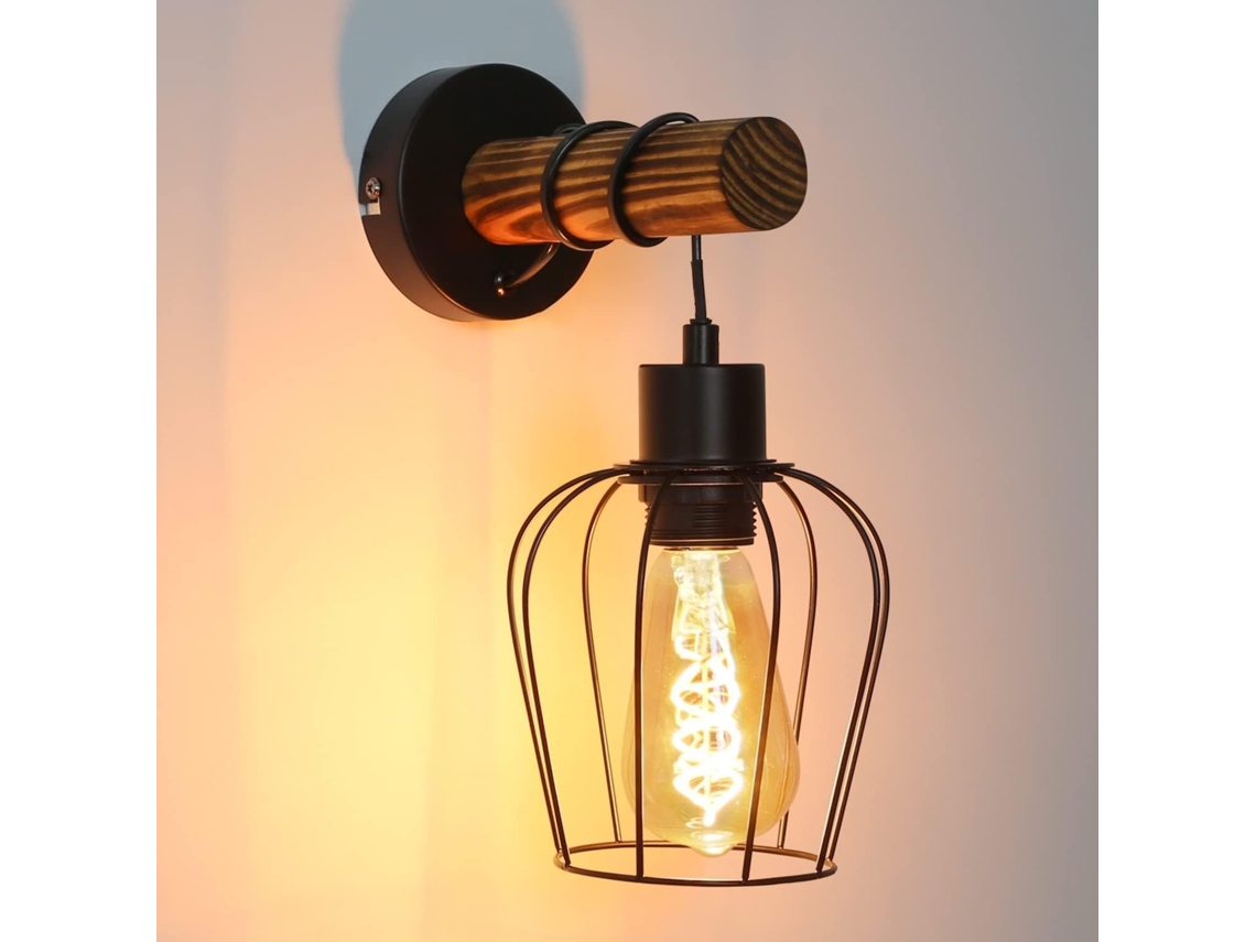Nettlife Candeeiro De Parede Interior Madeira Vintage Com Interruptor E27 Industrial Preta Metal, Para Uso Diário, Design Funcional