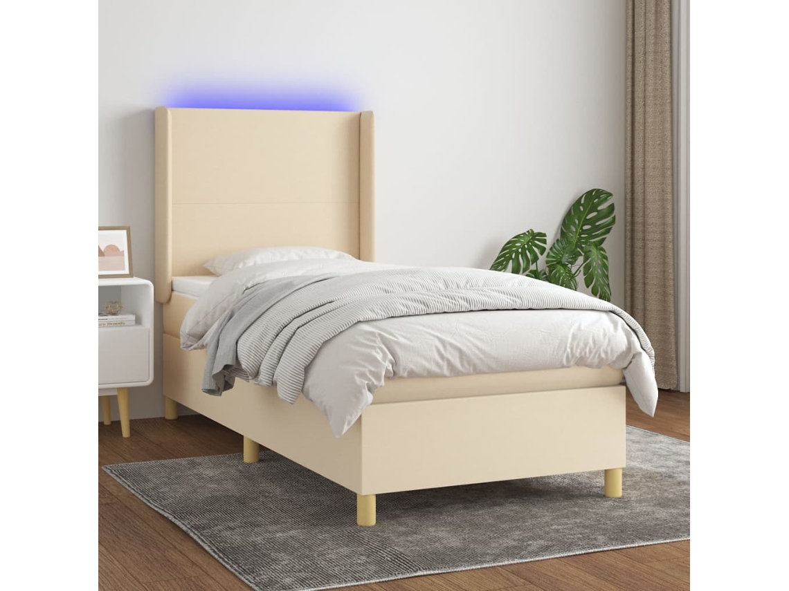 Cama Box Spring C/ Colchão E Led 90x200 Cm Tecido Cor Creme