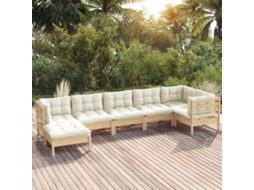 7 Pcs Conjunto Lounge Jardim C/ Almofadões Creme Pinho Maciço Dkd Home Decor