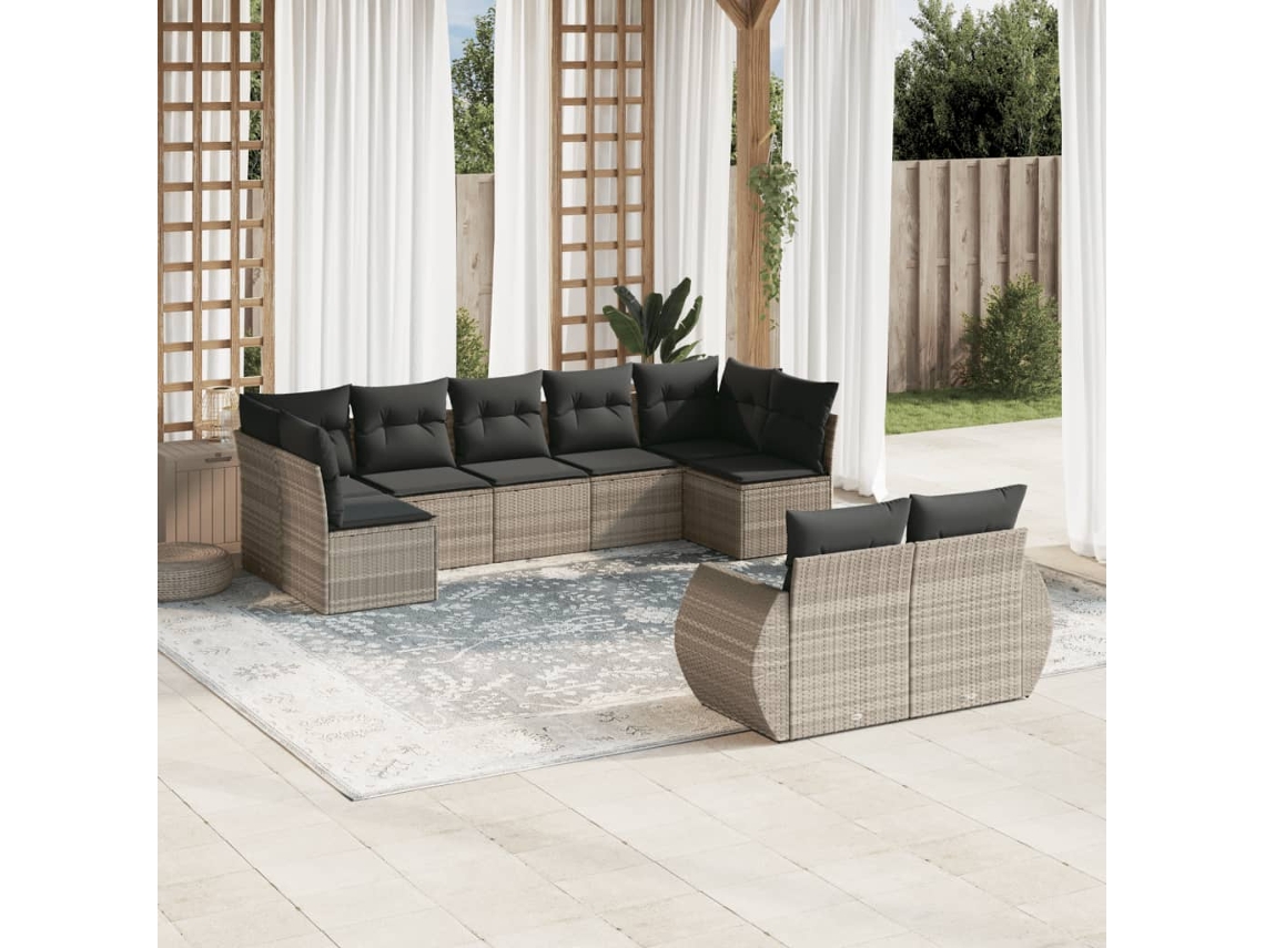 Vidaxl 9 Pcs Conj. Sofás Jardim Com Almofadões Vime Pe Cinzento-claro