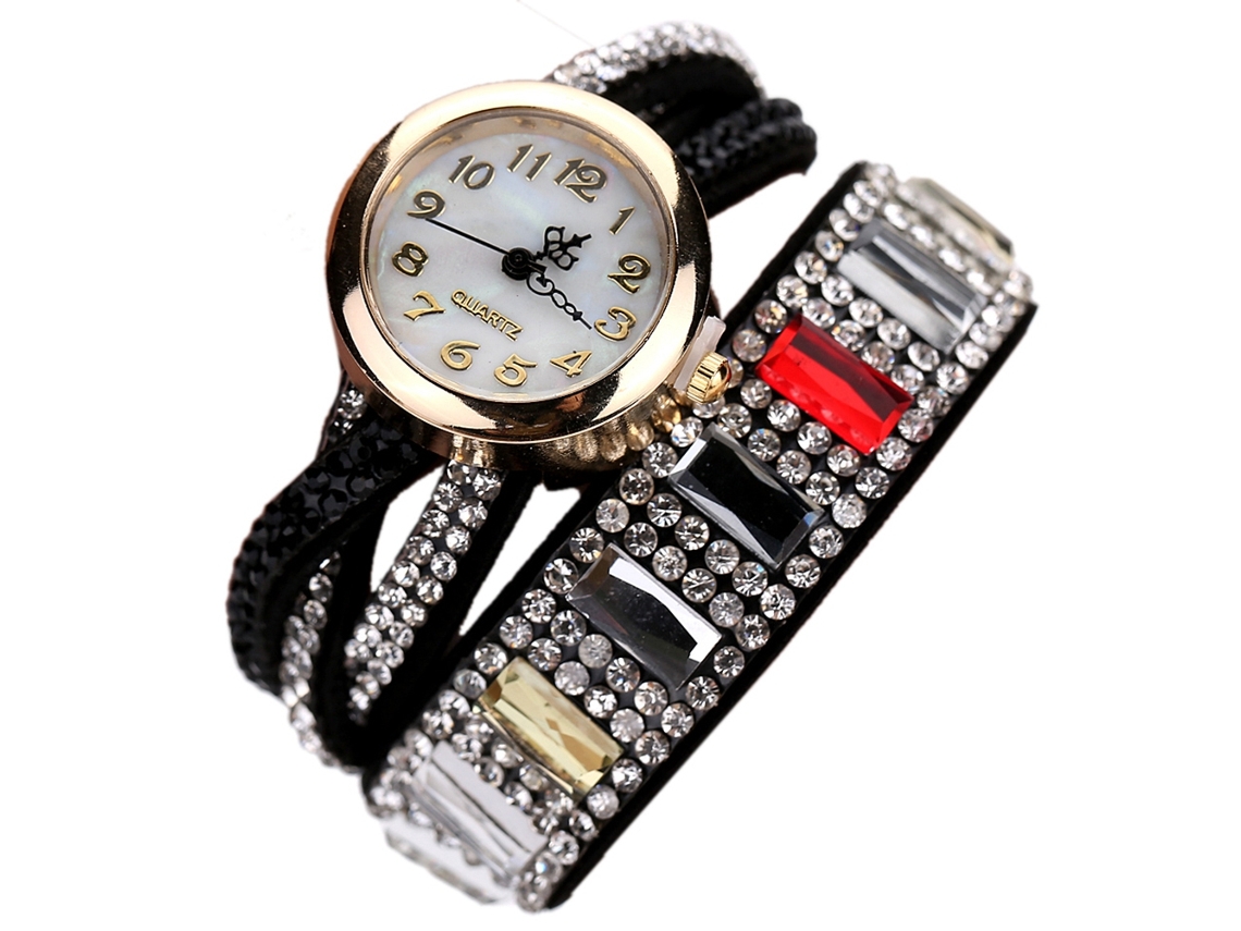 Relógio de Quartzo Feminino de Luxo com Pulseira de Couro Pu e Strass Preto