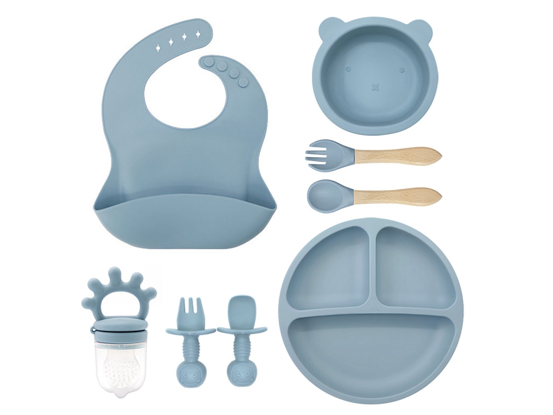 Talheres Infantil de Silicone 8 em 1 com Ventosa,azul GERTIZ