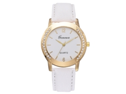 Relógio de Pulso Feminino de Quartzo com Pulseira de Pu e Strass Decoração Branco