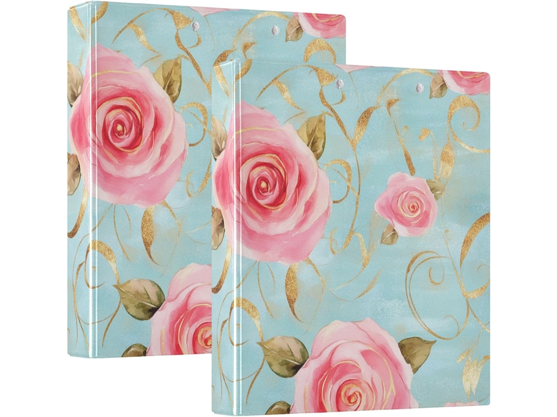 Pasta Escolar Retrô Em Tons Pastel, 3 Argolas, Com Bolsos, Estampa De Rosas E Folhas Douradas, 1-1 2 Polegadas 3, 8cm
