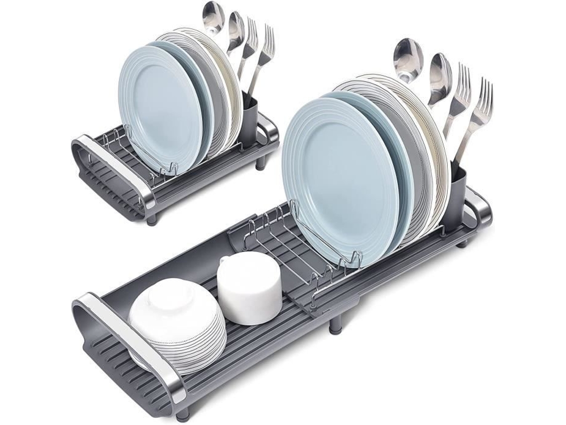 Kingrack Escorredor de Pratos Compacto Ajustável em Aço Inoxidável Expansível com Cesta de Talheres Pés A67 SSS