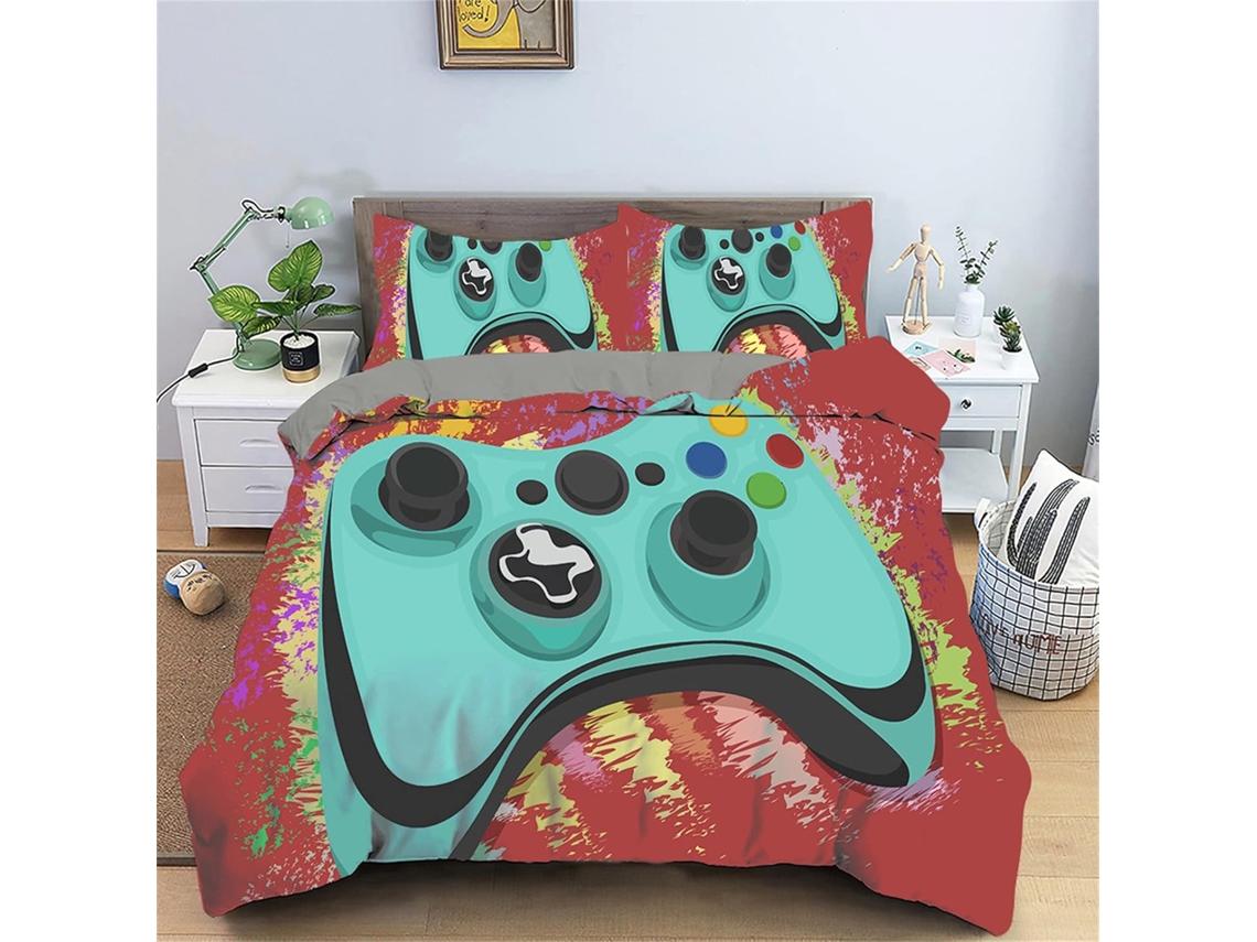Capa de Edredom Estampa Gamepad em Microfibra Fronha 200x200 Cm