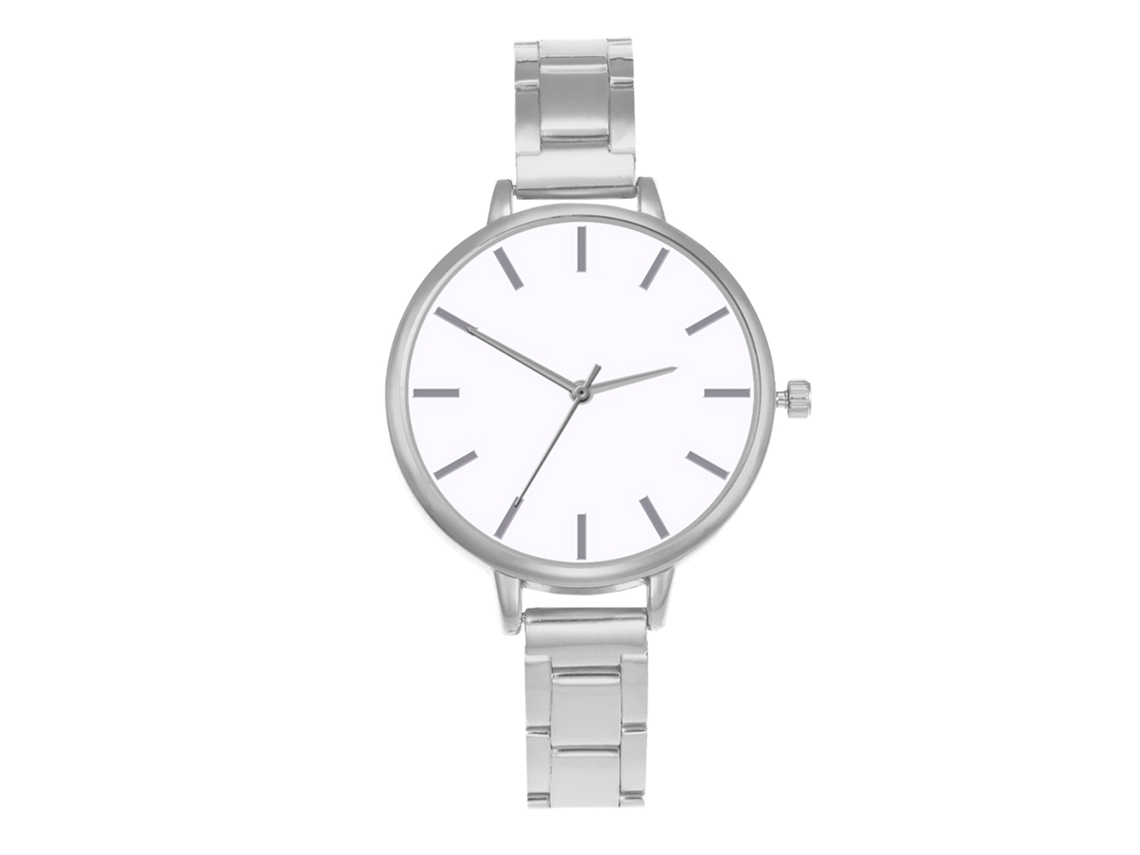 Relógio de Pulsera Feminino Slim de Metal com Movimento de Quartzo Esfera Branca Prateada
