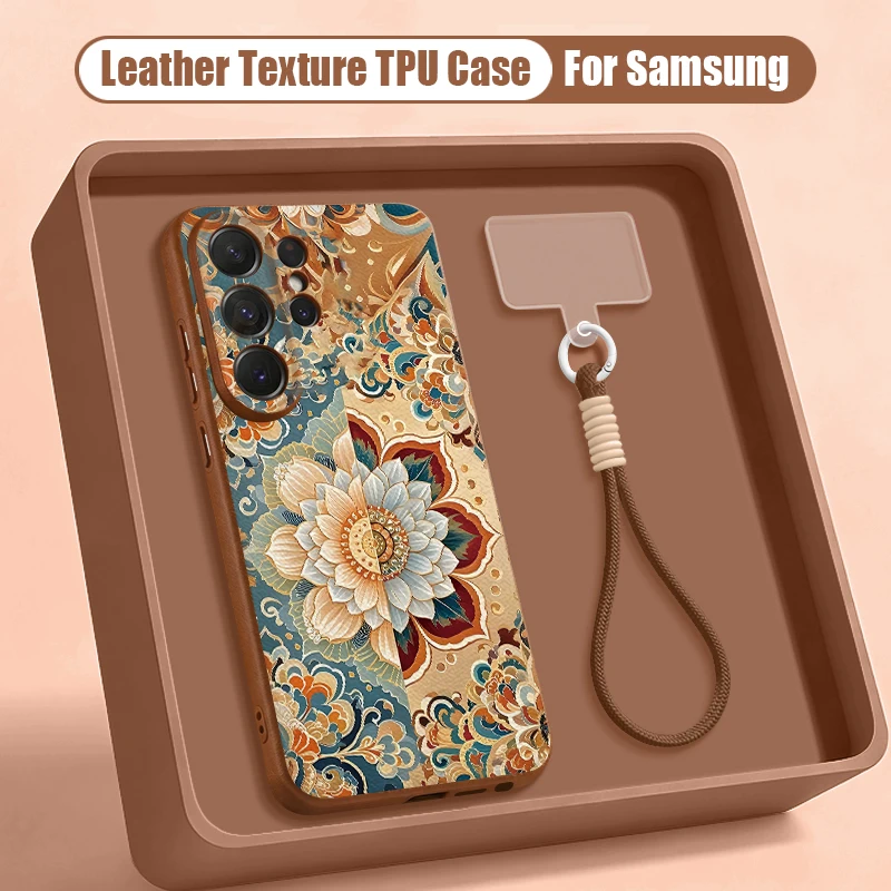 Capa Para Celular Galaxy A35 5g Com Estampa Floral Retrô, Em Tpu, Com Cordão Marrom.