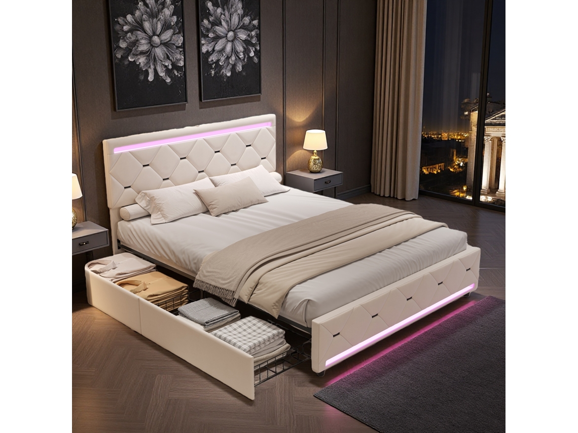 Cama De Casal Moderna 140x190 Cm Com Arrumação E 4 Gavetas, Cama De Casal Com Luzes Led Rgb E Usb, Veludo Branco Suave, Cama Com Gavetas Para Adultos