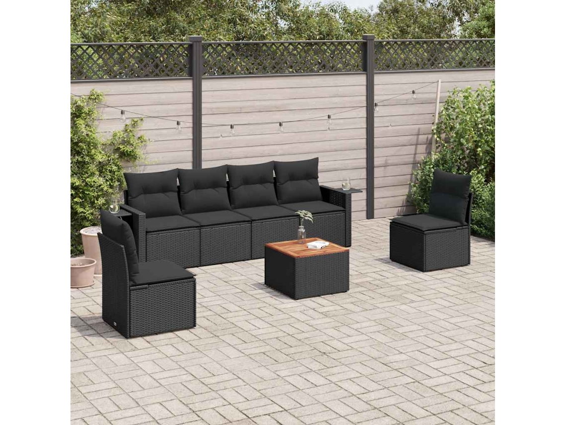 Vidaxl 7 Pcs Conjunto De Sofás P/ Jardim C/ Almofadões Vime Pe Preto