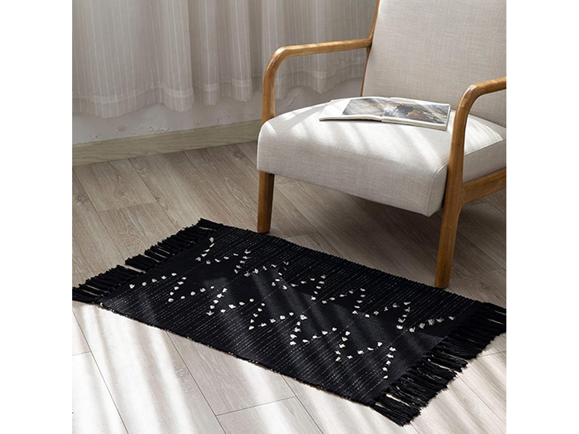 Tapete Decorativo Boho Com Pompons Lavável, 60x90 Cm, Base Estável