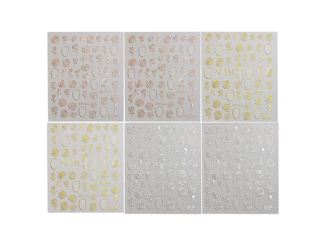 6 Adesivos 3D de Arte para Unhas em Dourado Rosa Retro com Flores e Adesivo NEVEANCE