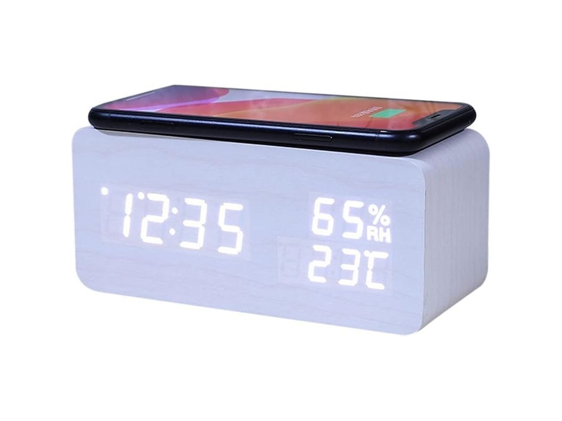 2026-reloj Alarma Con Carga Inalámbrica Y Control De Voz Led Temperatura Y Humedad Blanco