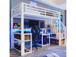 Cama Alta 90x200cm Ferro Com Prateleira Escada Guarda-sol Led Mesa Usb Branca