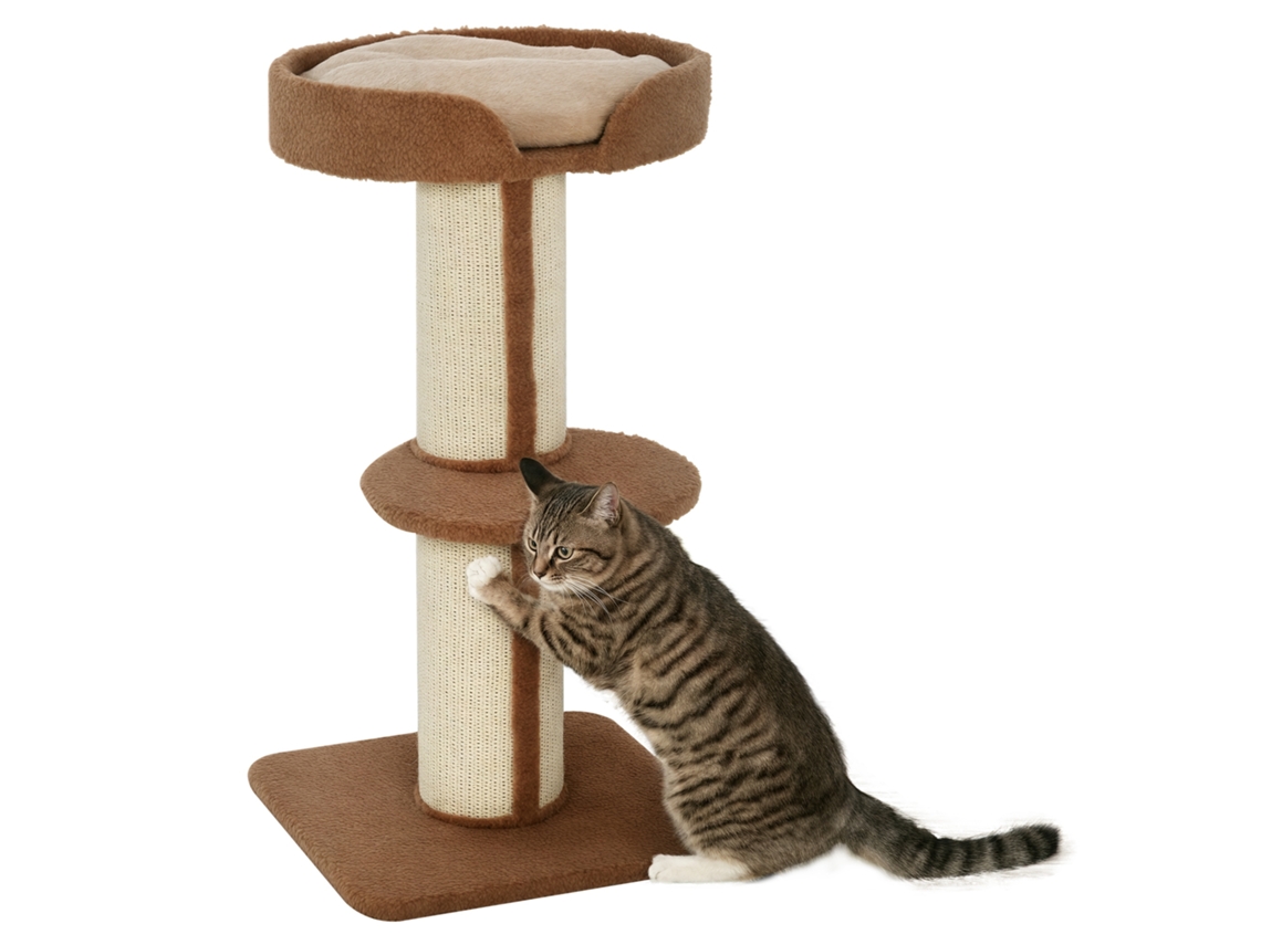 Árvore para Gatos de 91 Cm, Torre para Gatos com Postes de Sisal, Plataforma, Almofadas, Poste Arranhador de Vários Níveis, Marrom Claro ESSÊNCIACASA