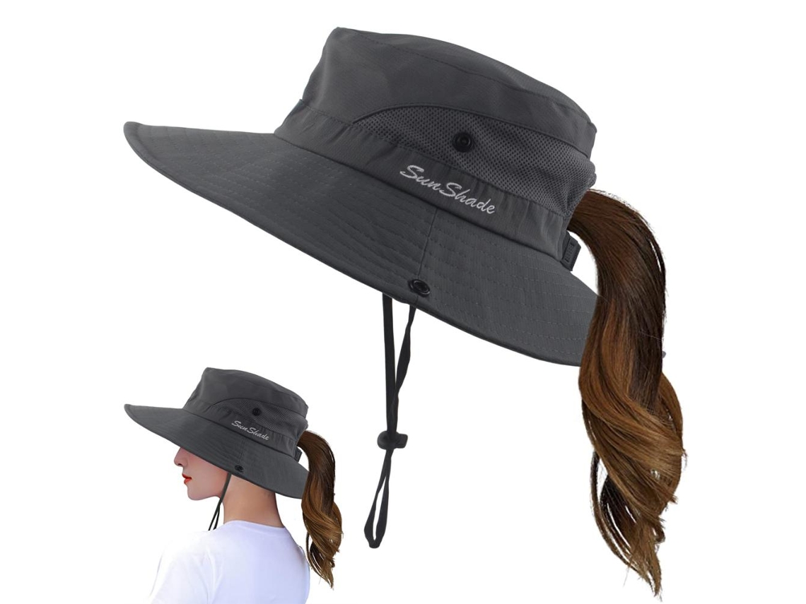 Chapéu Bucket Feminino de Aba Longa com Rabo de Cavalo, Proteção Solar UV, Dobrável, Ideal para o Verão e Pesca