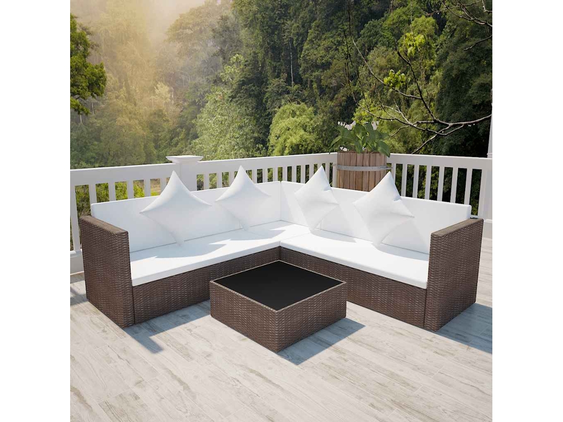 Vidaxl 4 Pcs Conjunto Lounge Jardim C/ Almofadões Vime Pe Castanho