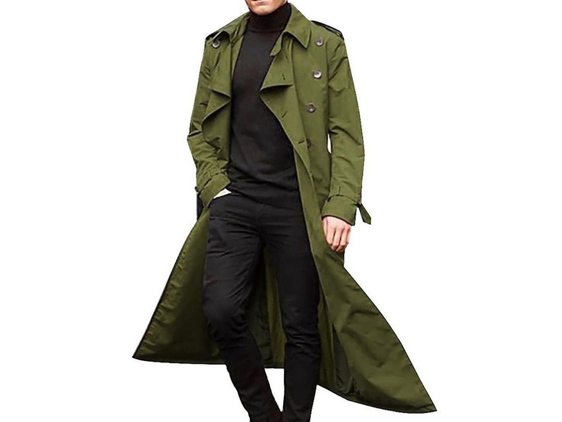 Trench Coat Longo Para Homem Com Lapela Jaqueta Casaco Simples Outerwear Moda Verde