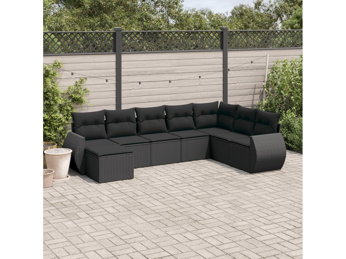 Vidaxl 8 Pcs Conjunto Sofás De Jardim Com Almofadões Vime Pe Preto