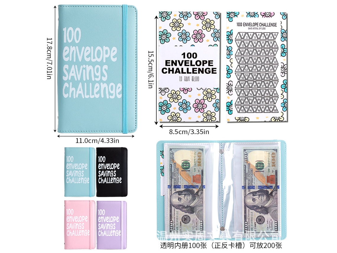 A6 Blue 100-days Money Saving Envelope Budget Storage Book With Ribbon Tie, 50-sheets + 1-flower Coated Paper