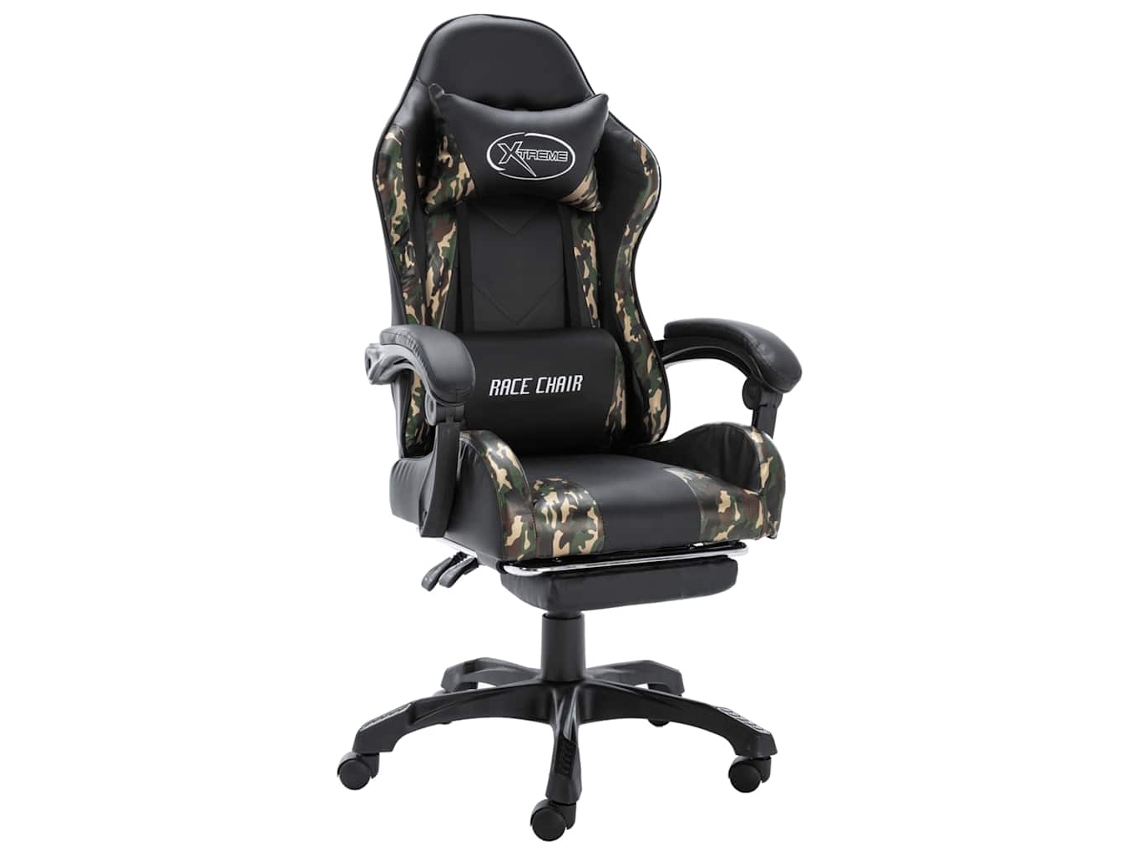 Vidaxl Cadeira Estilo Corrida C/ Apoio Pés Couro Art. Preto/camuflado
