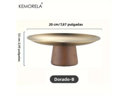 Prato de Sobremesa em Aço Inoxidável Estilo Coreano com Base de Madeira, Perfeito para Exibir Frutas e Decorar a Mesa. MDUG (dourado B)