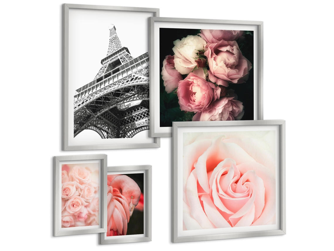 Conjunto De Pinturas Retrato De Uma Mulher Com Uma Rosa Eiffel Moldura Prateada Imagens Para Um Quarto Infantil Espelharte (conjunto De 5 Imagens)