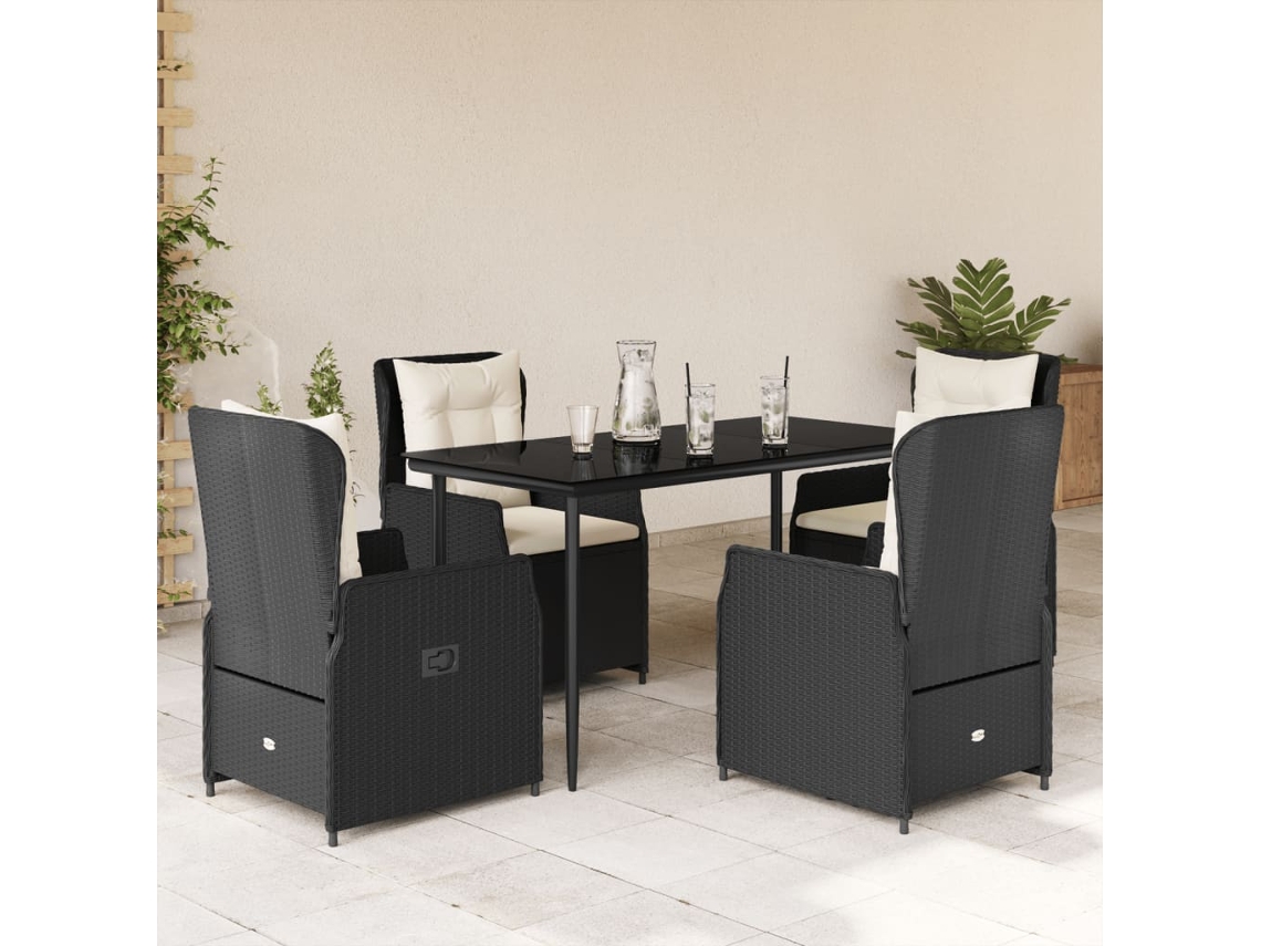 Vidaxl 5 Pcs Conjunto De Jantar P/ Jardim C/ Almofadões Vime Pe Preto