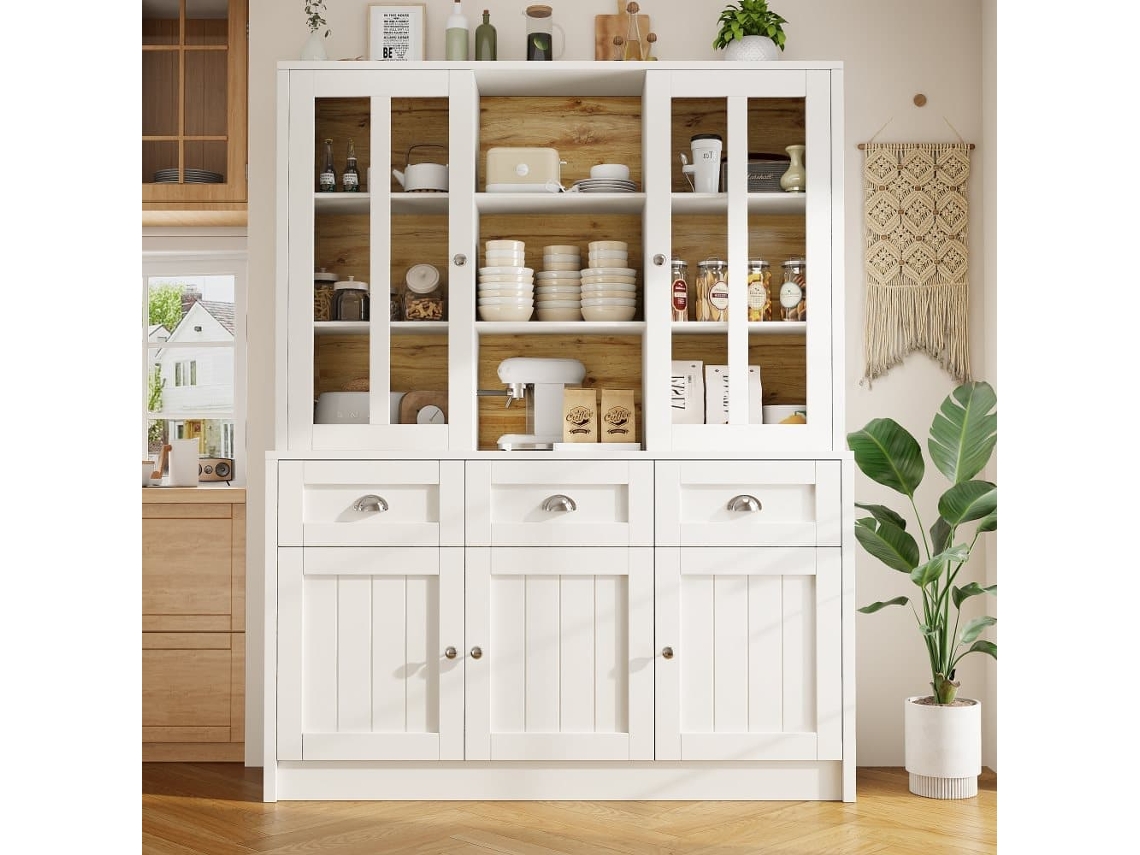 Armário Alto 140x38,5x175 Cm - Vitrine, Armário De Cozinha E Sala De Jantar Com Gavetas, Estilo Moderno Minimalista - Branco