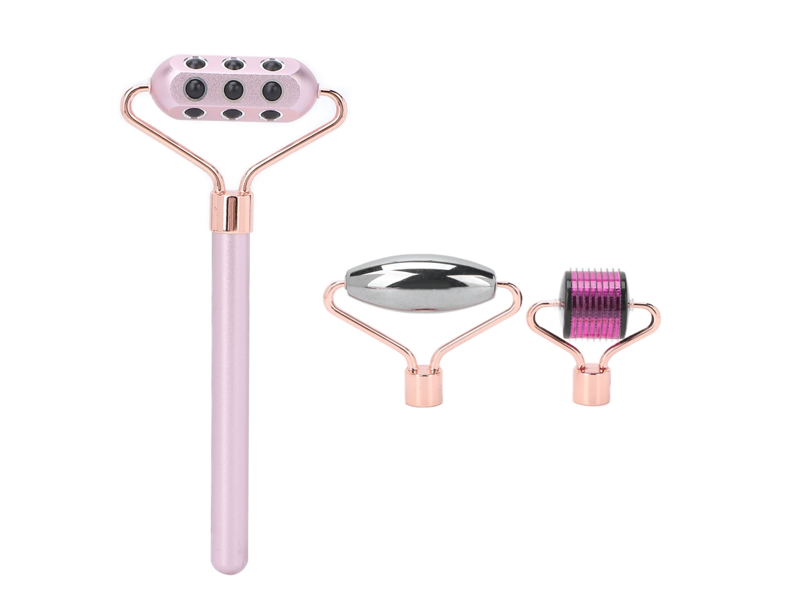 Set De Rodillos Para Masaje Facial Com Microagujas Rodillo De Germanio Slimming Manual Rosa 3 Em 1