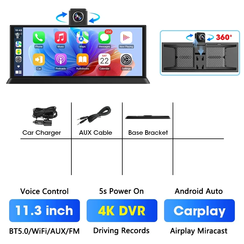 (dvr) Câmera Veicular De 11,3 Polegadas, 4k Com Rotação E Carplay