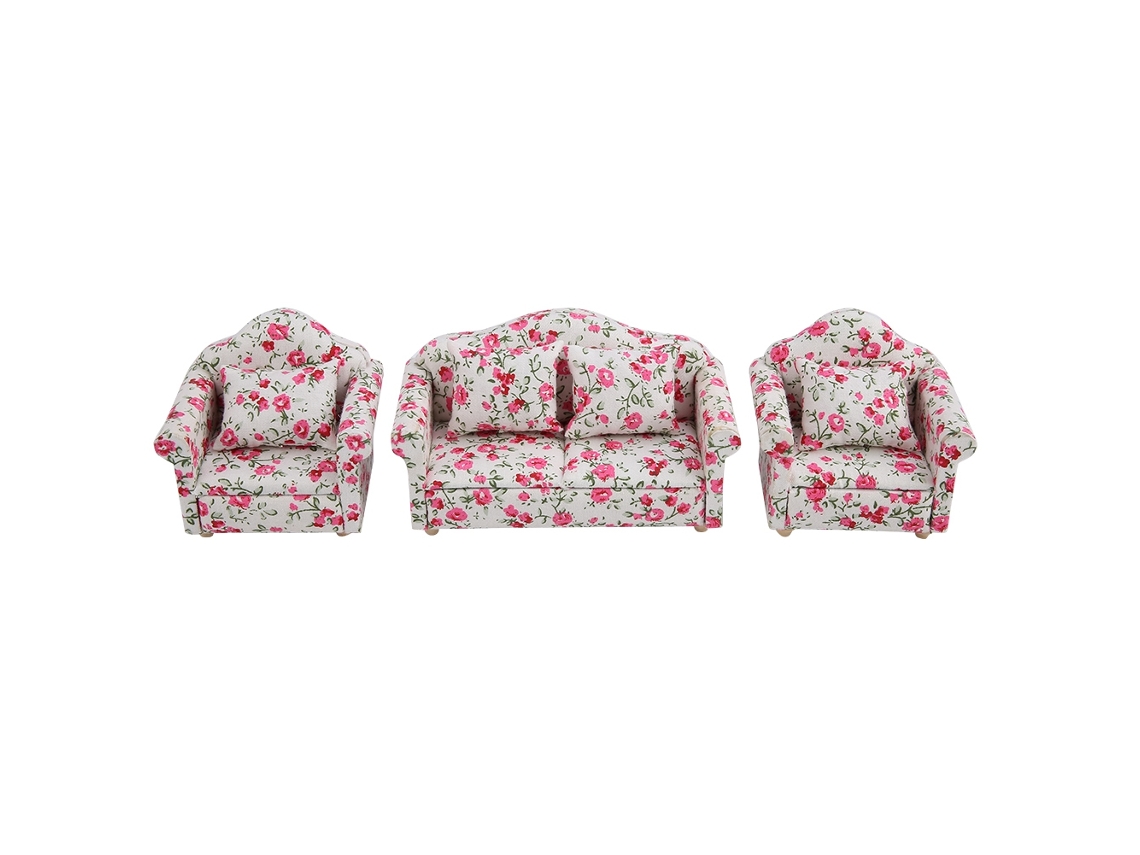 Acessórios para casa de bonecas WalshLXq, escala 1/12, sofá com estampa floral e almofadas, mini móveis (2)