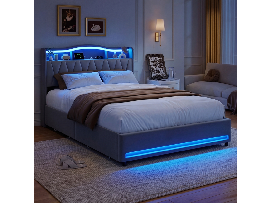 Cama De Arrumação 140x200 Com 4 Gavetas, Cama De Casal Adulto Com Usb, Cabeceira Com Espaço Aberto E Arrumação Oculta Rebatível, Led, Cinza