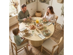Mesa Redonda De Cozinha Para 5 Lugares, 120 Cm Diâmetro, 75 Cm Altura, Base Cilíndrica Canelada Em Madeira Natural