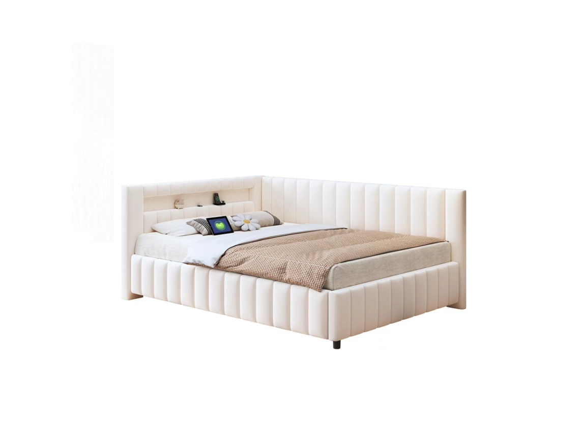 Cama Sofá cama Estofada PAPRIKA 140x200 com Tecido Aveludado, luz Led, porta Usb, encosto e Estrutura Resistente, Bege