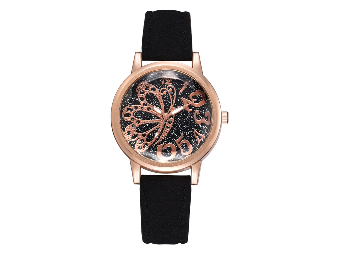 Relógio de Pulso Feminino de Quartzo com Pulseira Pu e Mostrador Redondo em Liga (preto)