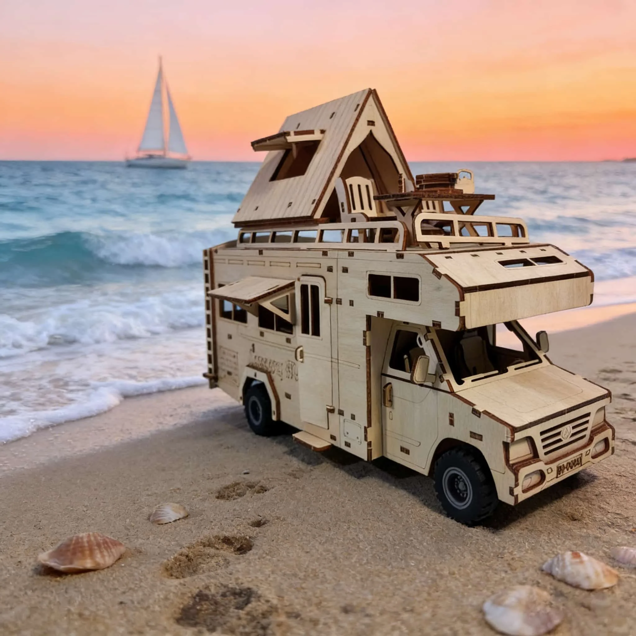 Quebra cabeça 3d de Madeira de uma Autocaravana, Modelo em Escala, Kit de Montagem. MDUG