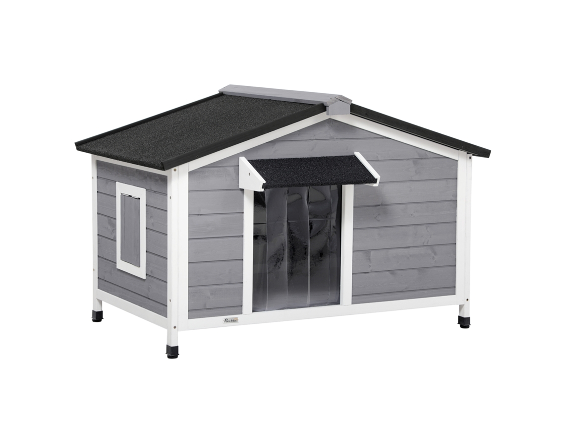 Pequena e Média Casinha de Cachorro em Madeira de Abeto, Elevado com Cortina Protetora, 2 Janelas e Fundo Removível, 109x79x72 Cm Ge