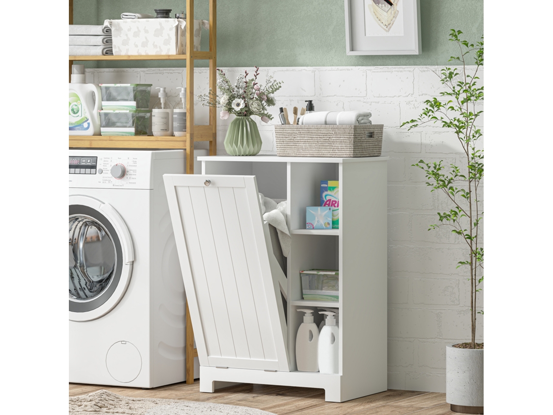 Móveis Casa De Compartimentos Removível Banho Cesto Roupa Suja Prateleira Ajustável Branco 60x38x86 Cm