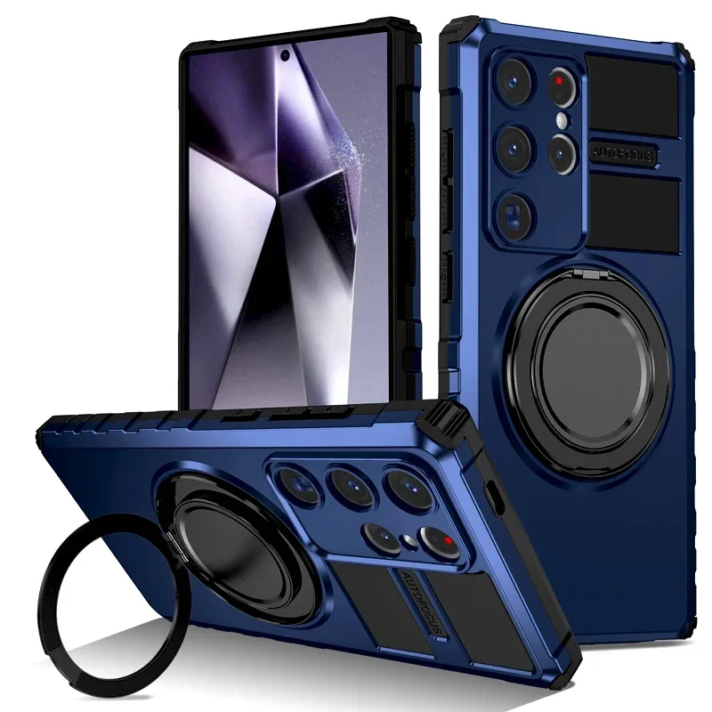 (azul Escuro, Galaxy S23 Fe) Capa Protetora Elegante E Resistente A Impactos Para Samsung, Com Suporte Giratório Para Carregamento Magnético.