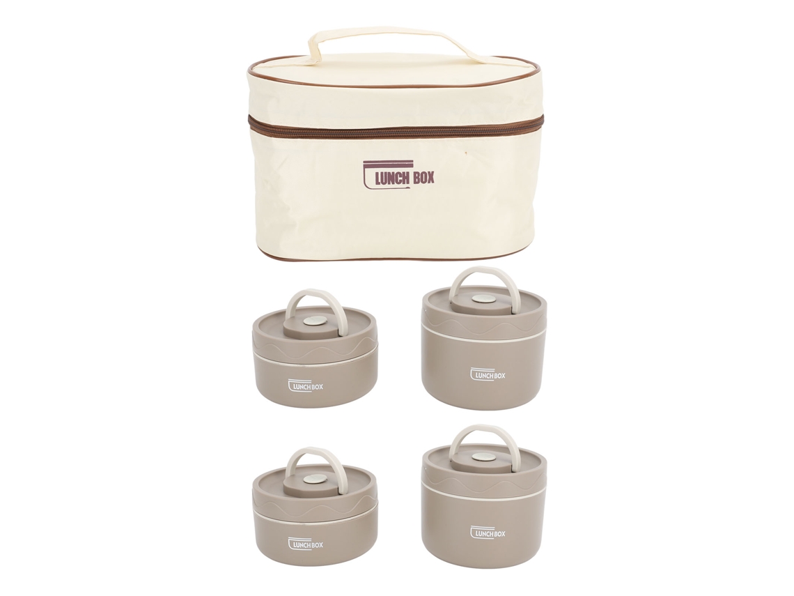 Conjunto De 4 Lancheiras Térmicas Em Aço Inoxidável 304, Na Cor Café, Com Bolsas Térmicas Redondas E Portáteis.