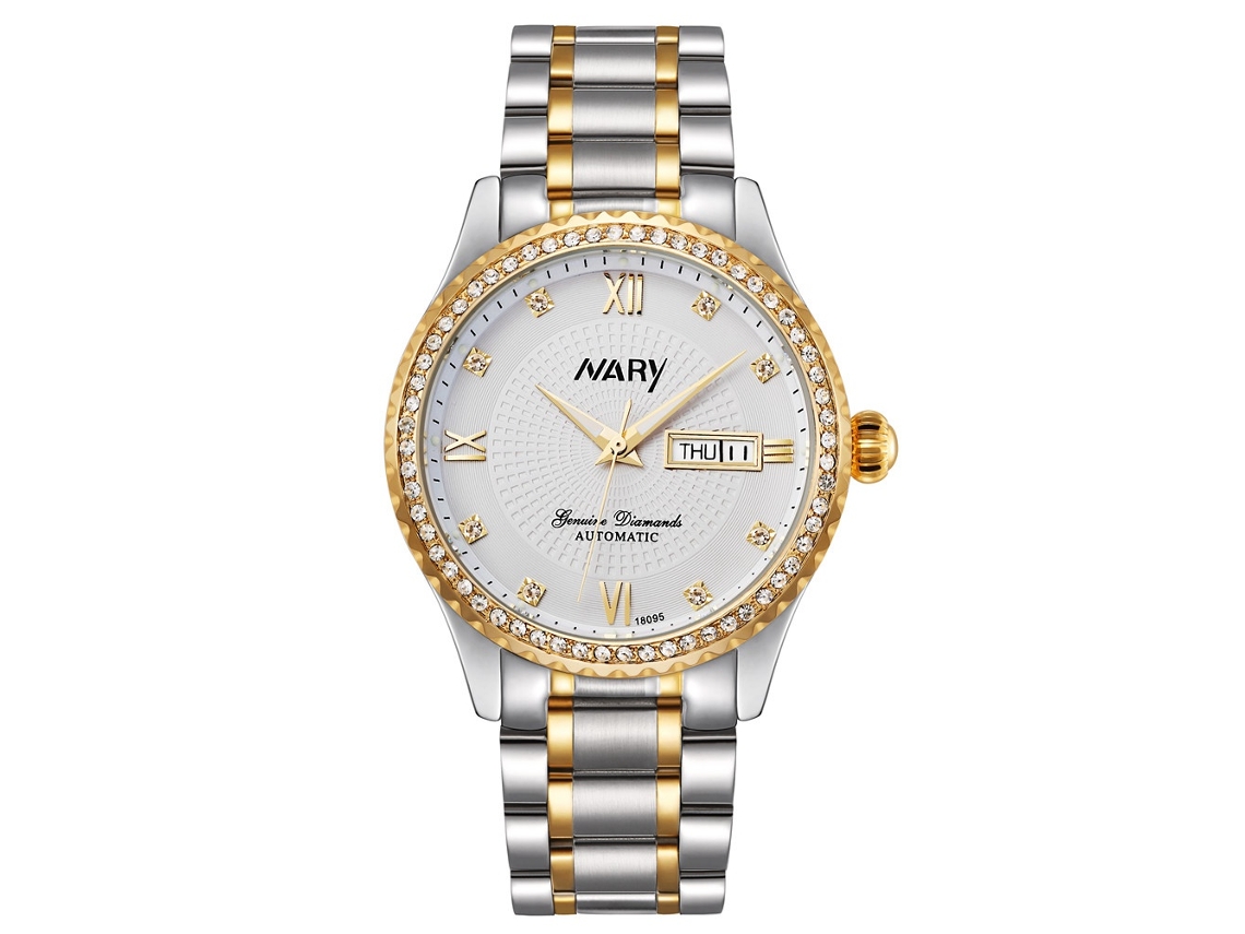 Relógio mecânico masculino Nary Alloy com pulseira de aço inoxidável, à prova d'água (ouro branco)